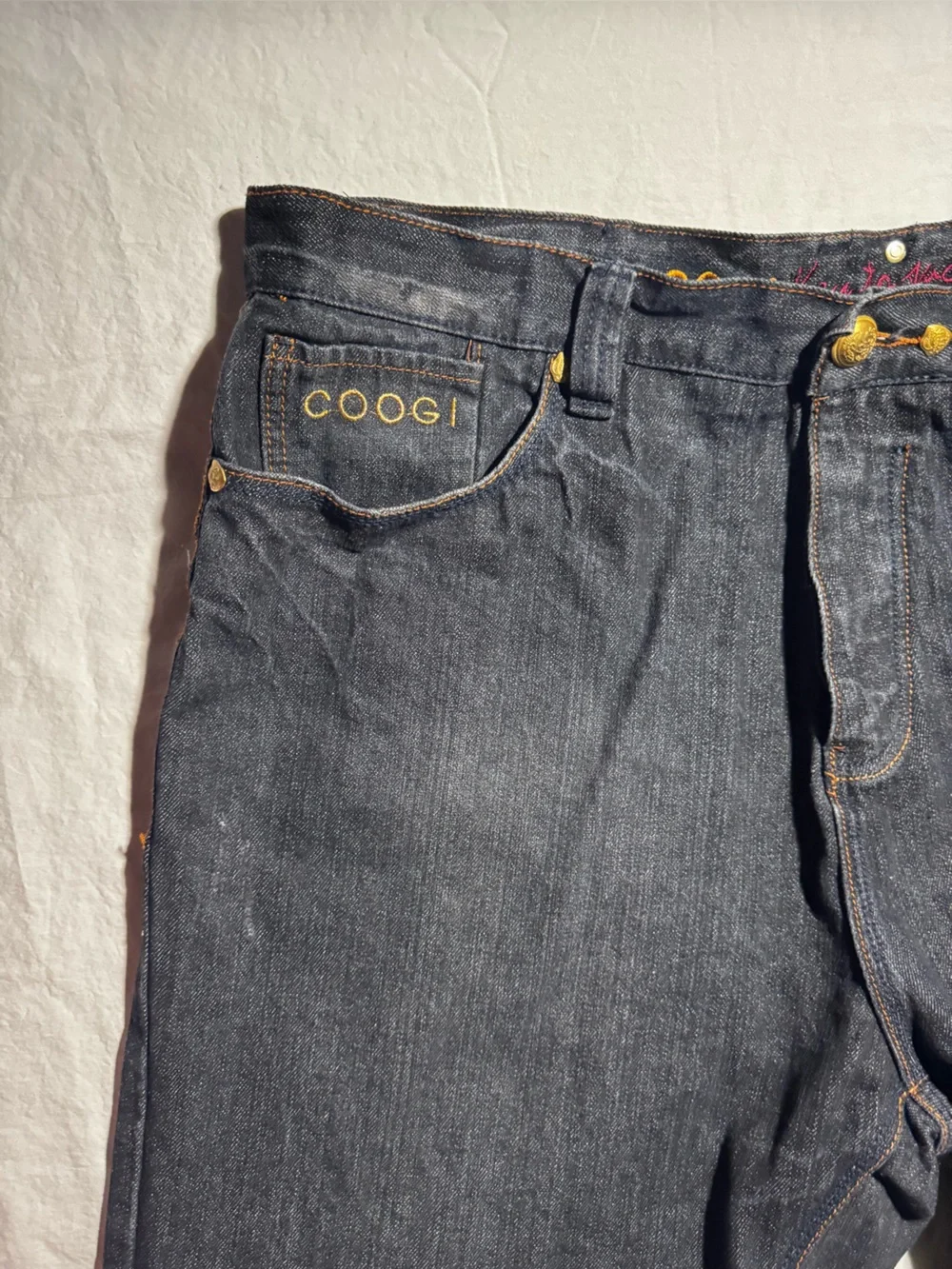 COOGI Black Denim Jeans with Red & Gold Embroidered Back 42x 16 1/2